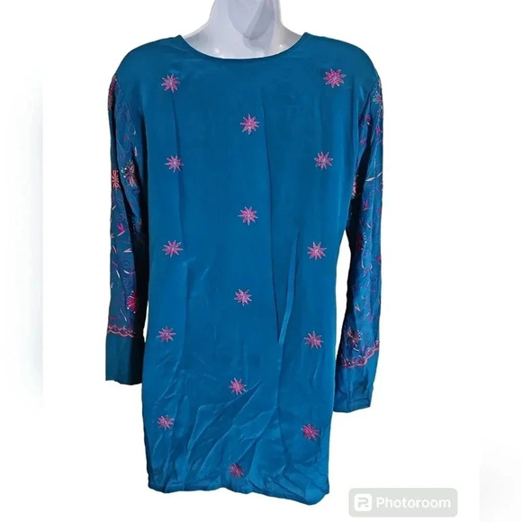 Biba Medium 42 90s Turquoise Floral Beaded Boho Ethnic Kurti Tunic Top Cottage - Picture 4 of 7
